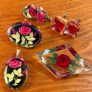 1950s Mid Century Reverse Carved Lucite Flower Jewelry